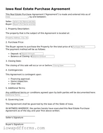 Blank Real Estate Purchase Agreement Form for the State of Iowa