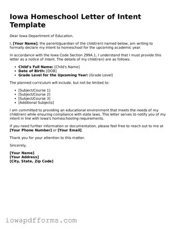 Blank Homeschool Letter of Intent Form for the State of Iowa