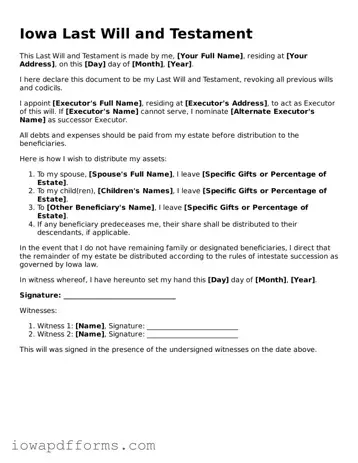 Blank Last Will and Testament Form for the State of Iowa