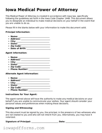 Blank Medical Power of Attorney Form for the State of Iowa