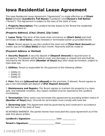 Blank Residential Lease Agreement Form for the State of Iowa